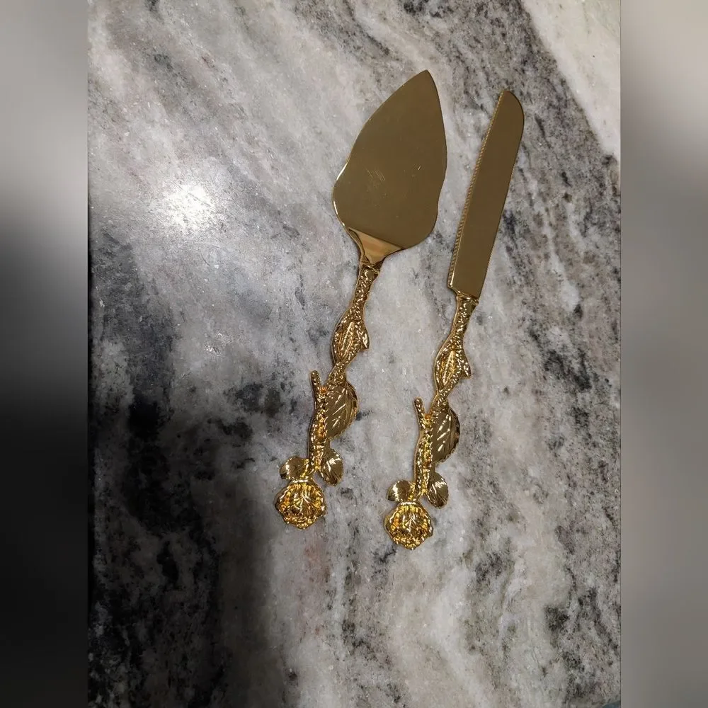 NIB Gold Tone Cake Server and Knife Set, Rose And Leaf Motif, Personalizable